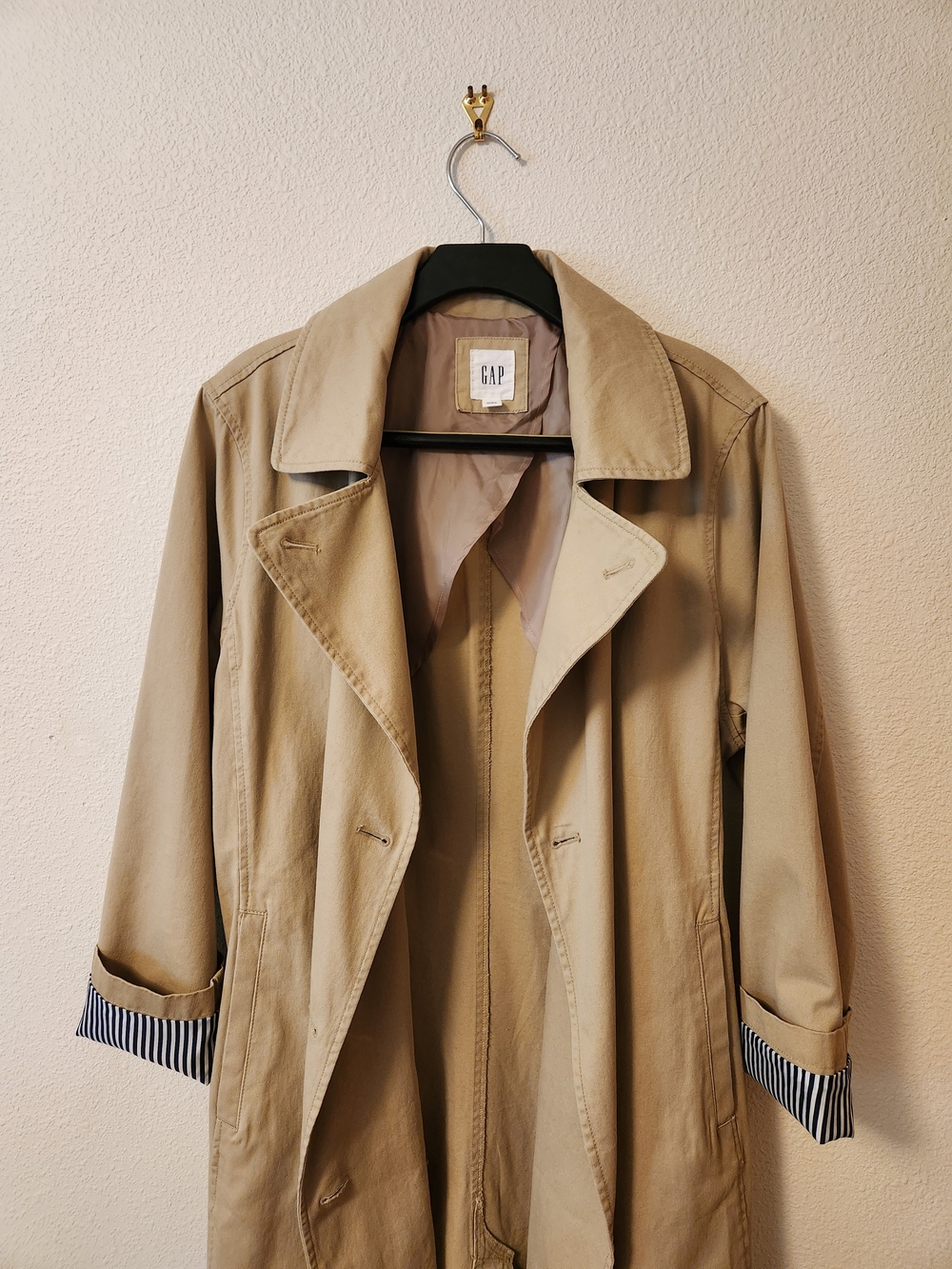 GAP Modern Trench Coat XL Cotton Khaki with Striped Sleeve Lining - Picture 3 of 7
